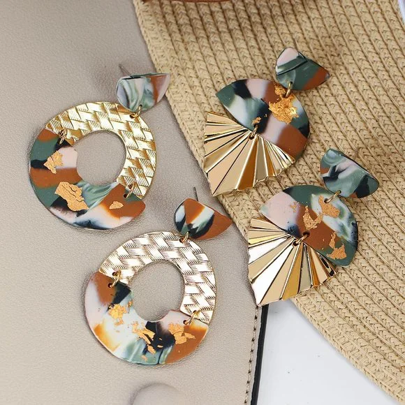 Boho Clay Abstract Gold Accent Fan Dangle Earrings - Picture 7 of 7